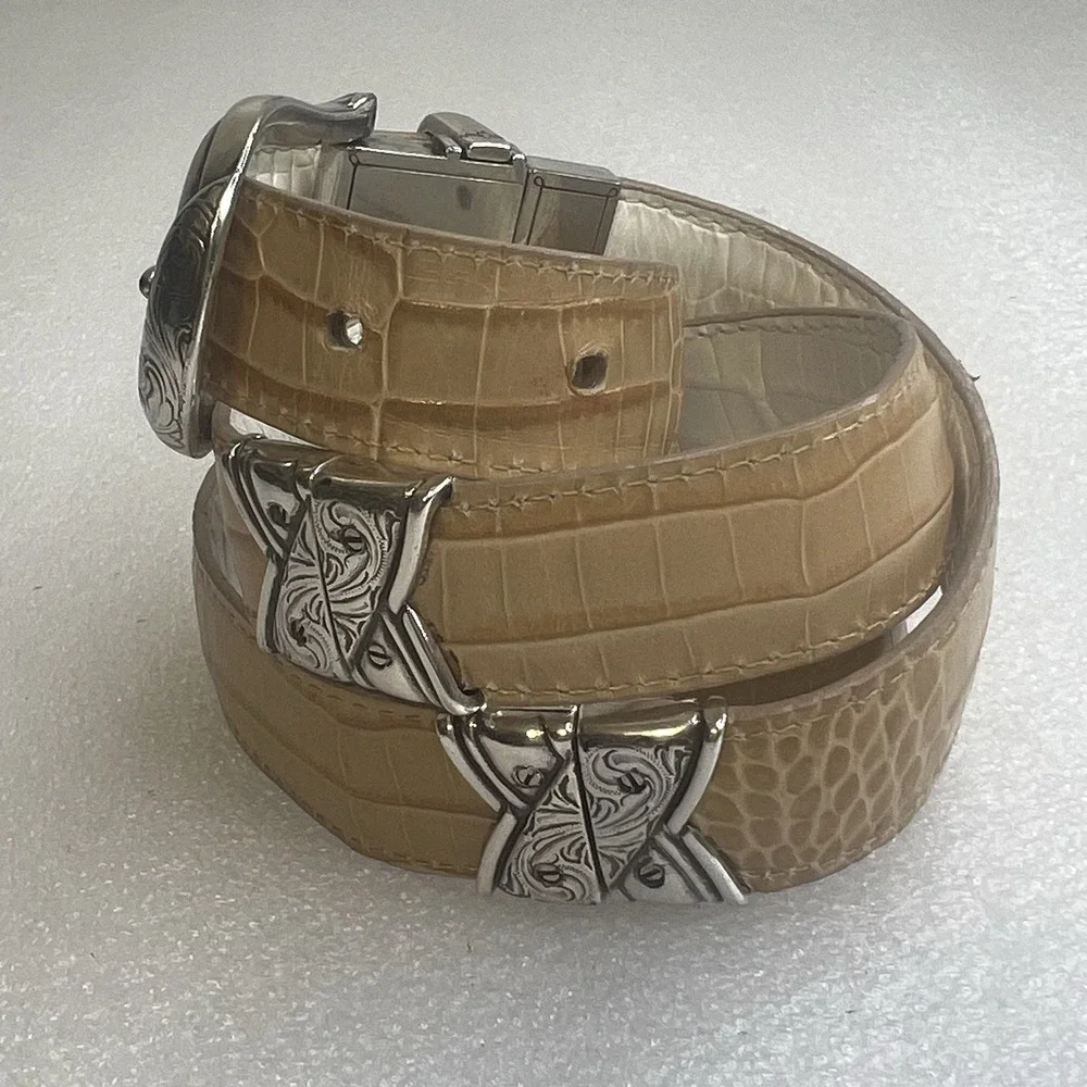 Brighton Leather Croc Embossed White/Beige Belt Ornate Silver Buckle Reversible